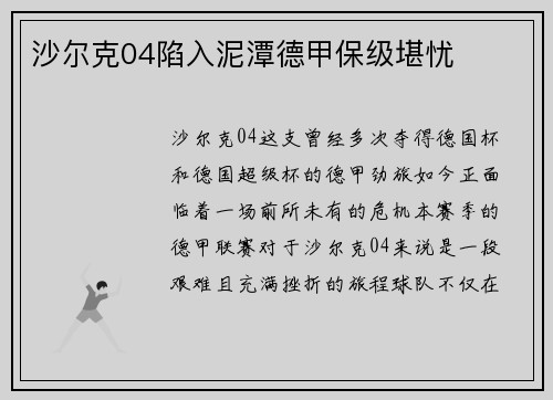 沙尔克04陷入泥潭德甲保级堪忧